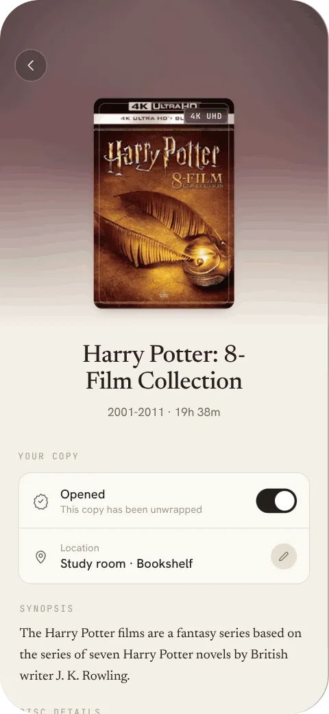 Disc detail page showing open or sealed status and shelf location